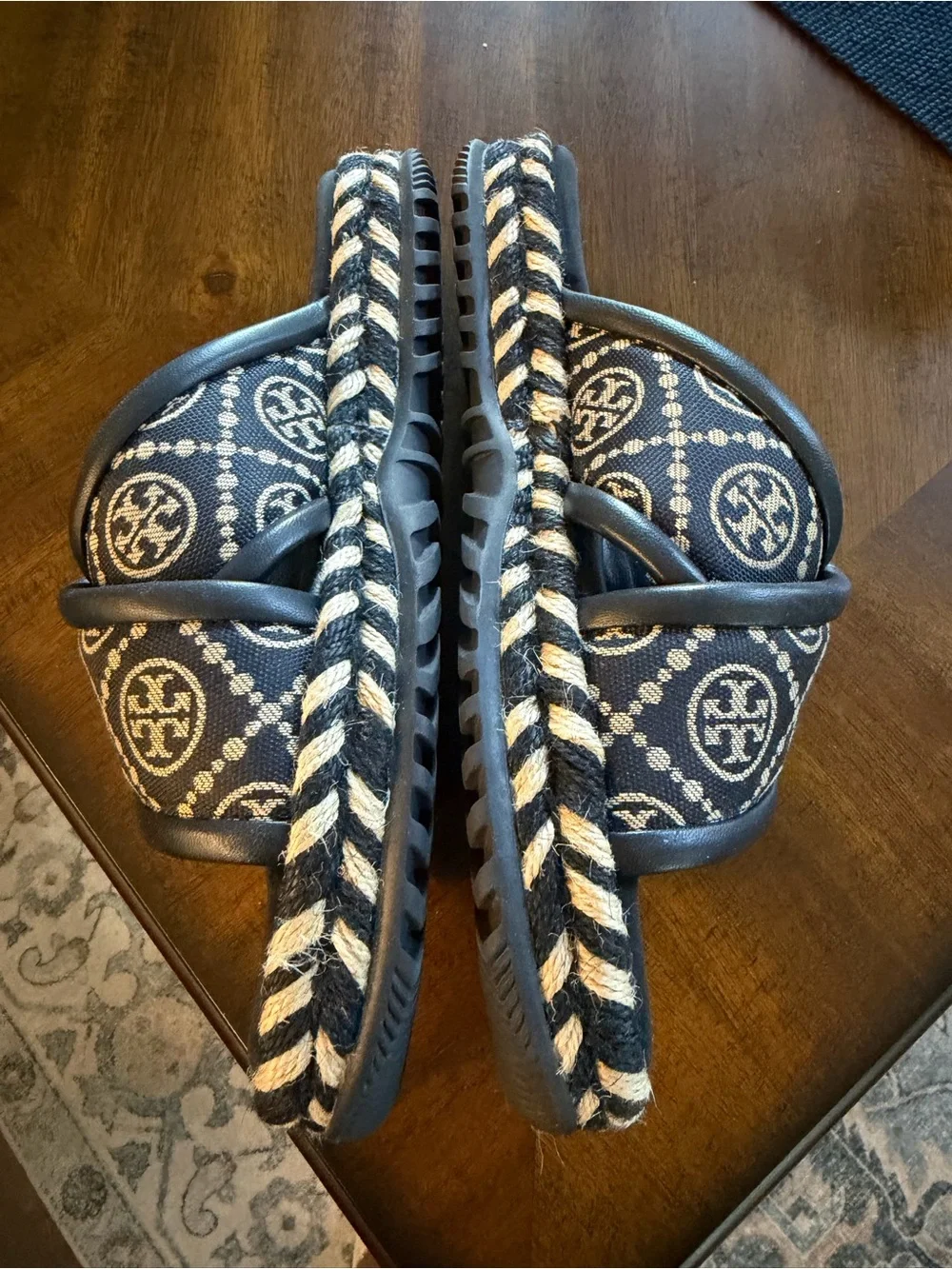 Tory Burch Navy and Ivory Logo Crisscross Espadrille Slides